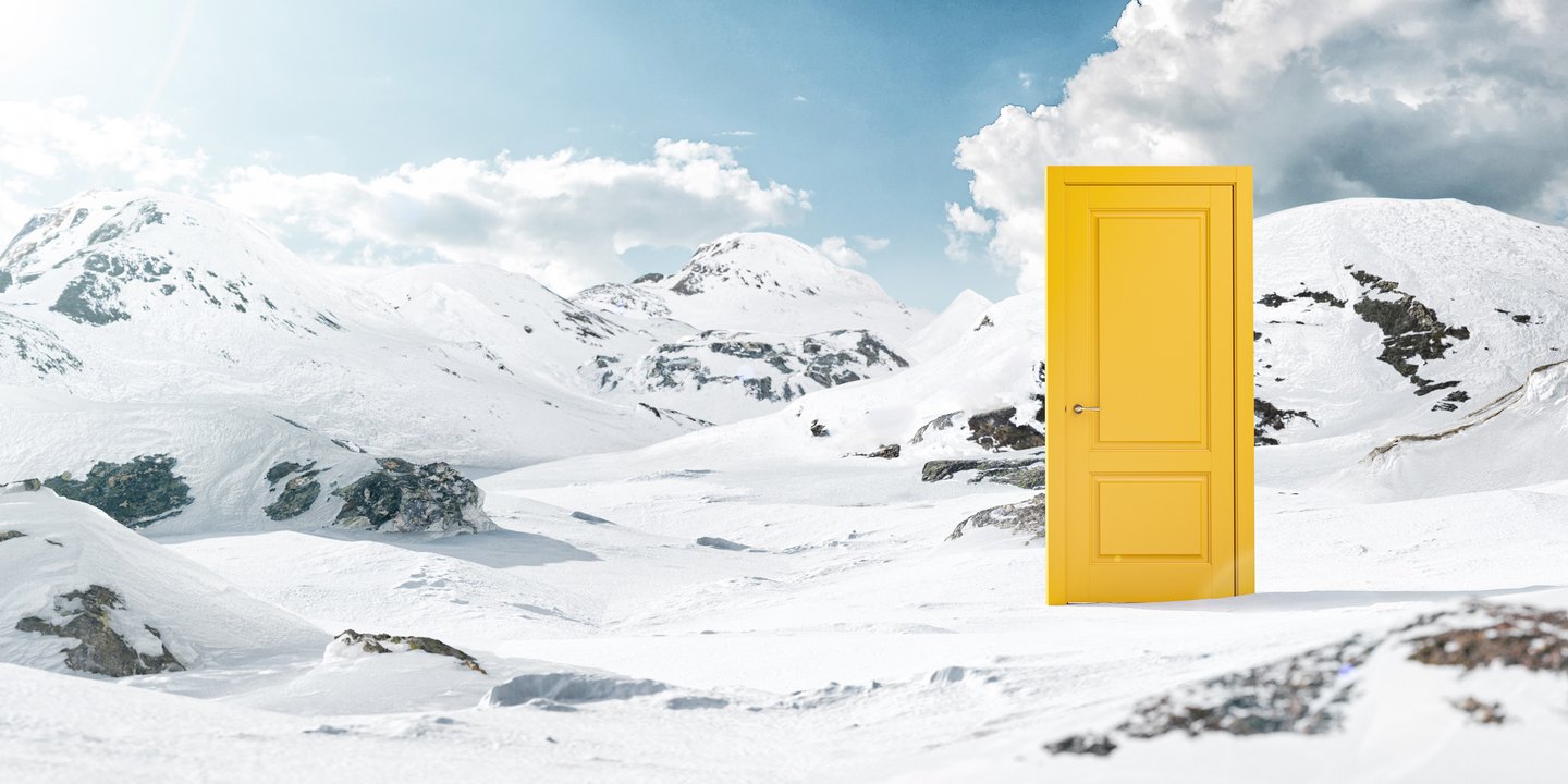 Surreal 3d Illustration of a Closed Yellow Door in the Middle of Snowy Mountains.