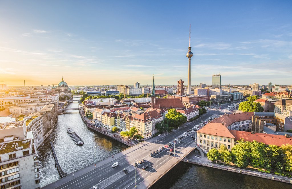 648821756 Berlin skyline with Spree river at sunset, Germany