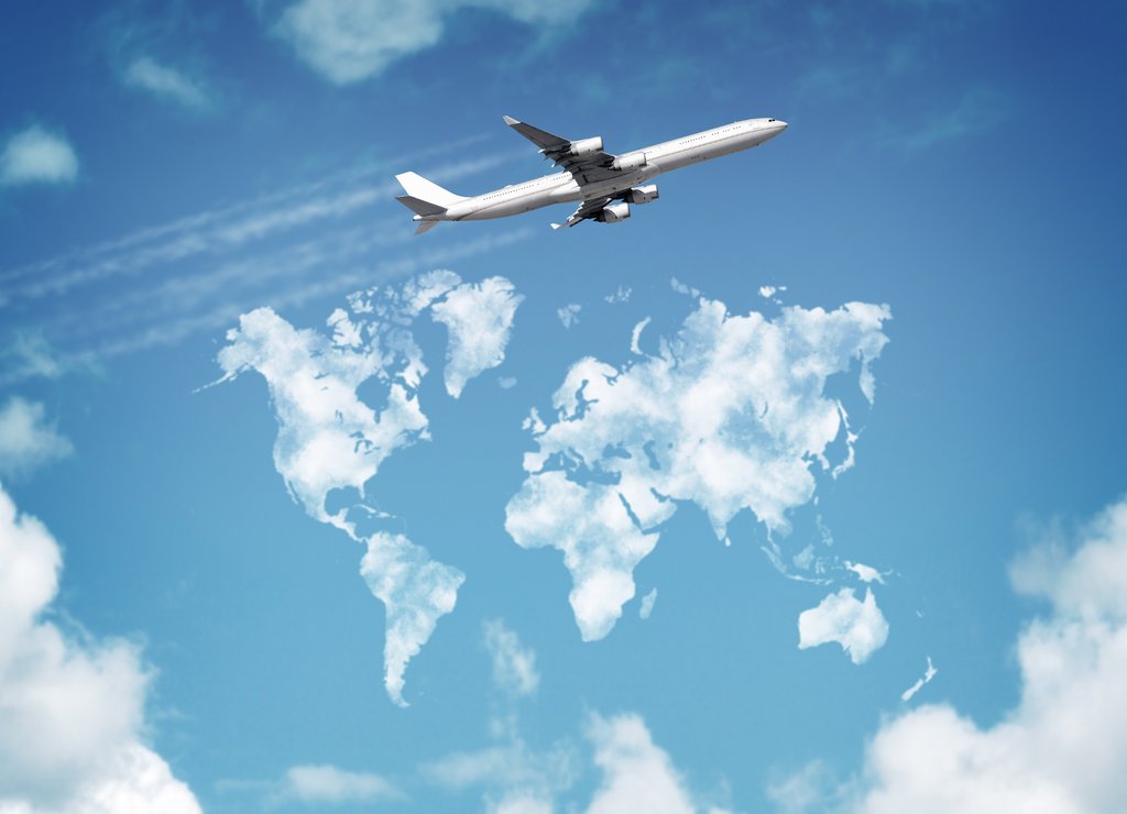 471620872 Creative photo of a jet flying over the map of the world